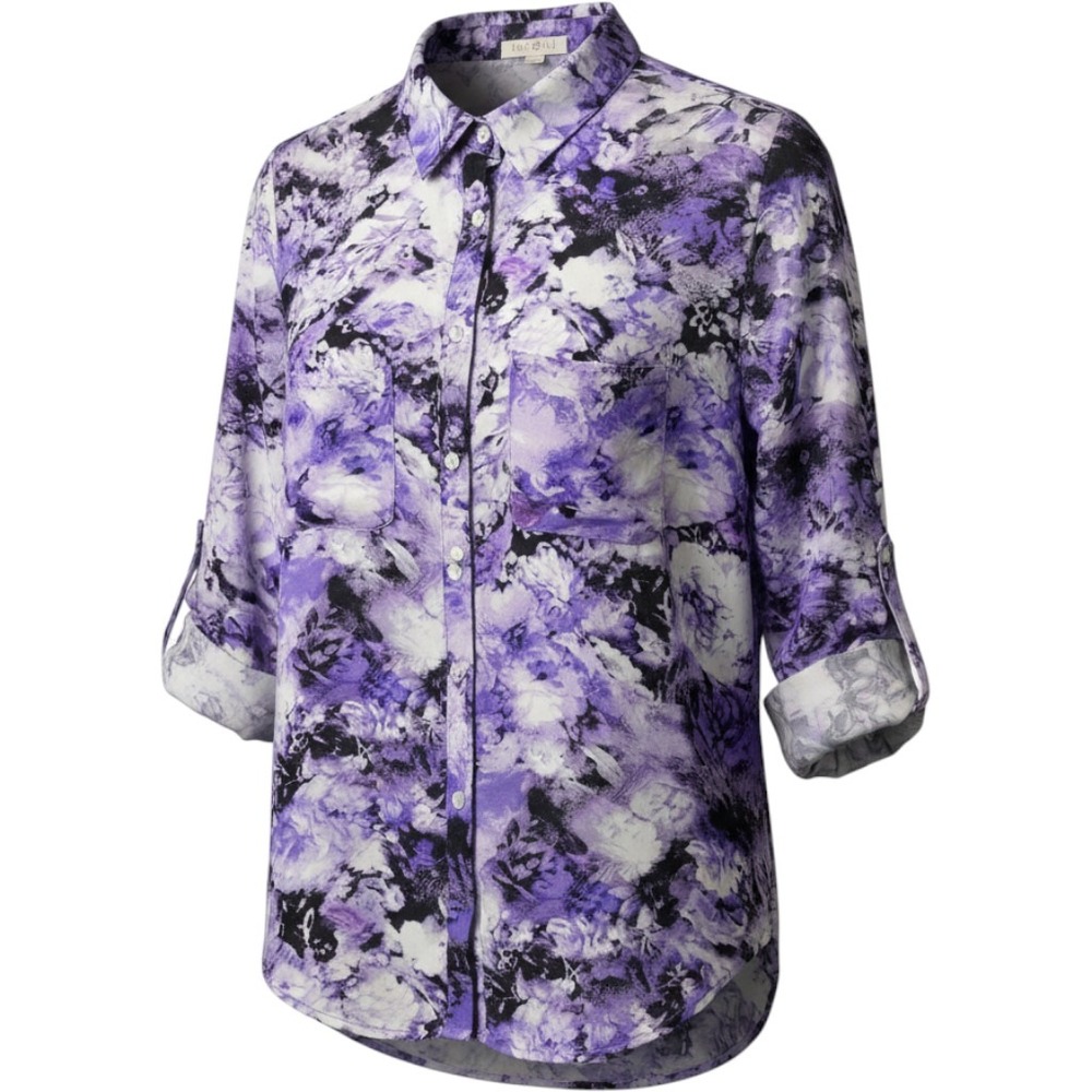 Women's Purple Floral Button-Down Blouse Sheer Top by ROZ& ALI, Size L